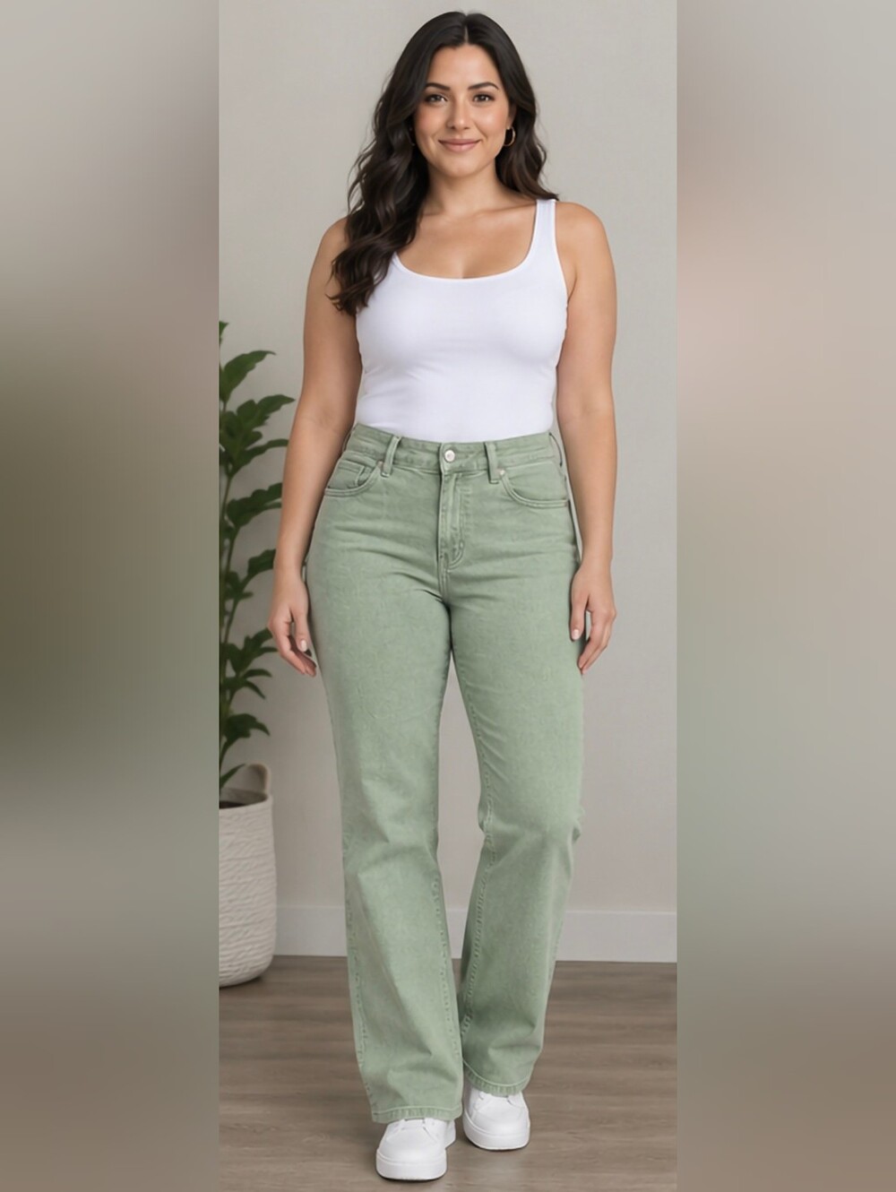 Sage Green High-Rise Skinny Jeans with Back Pocket Embroidery - Size 14/15